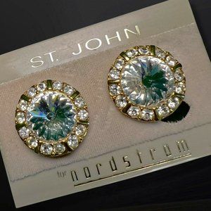 Vintage St. John Round Dome Clip on Earrings Gold Diamond Rhinestone clip-on